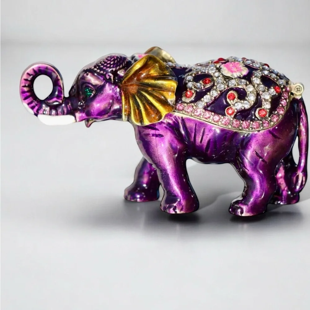 Hand-Painted Purple Jeweled Elephant Trinket Box with Crystals – NIB
